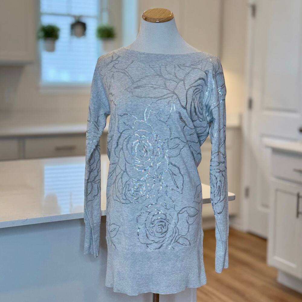 WHBM | Gray Floral Boat Neck Tunic Sweater